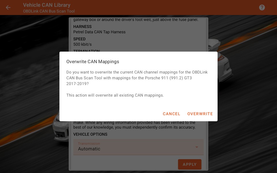 Vehicle CAN Bus Library Confirm Selection
