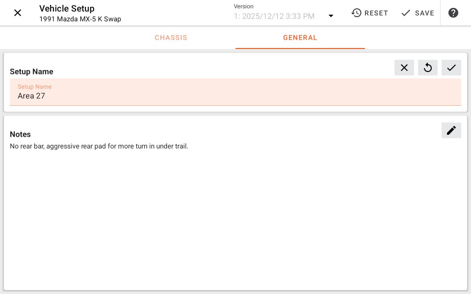 Vehicle Setup - General Edit